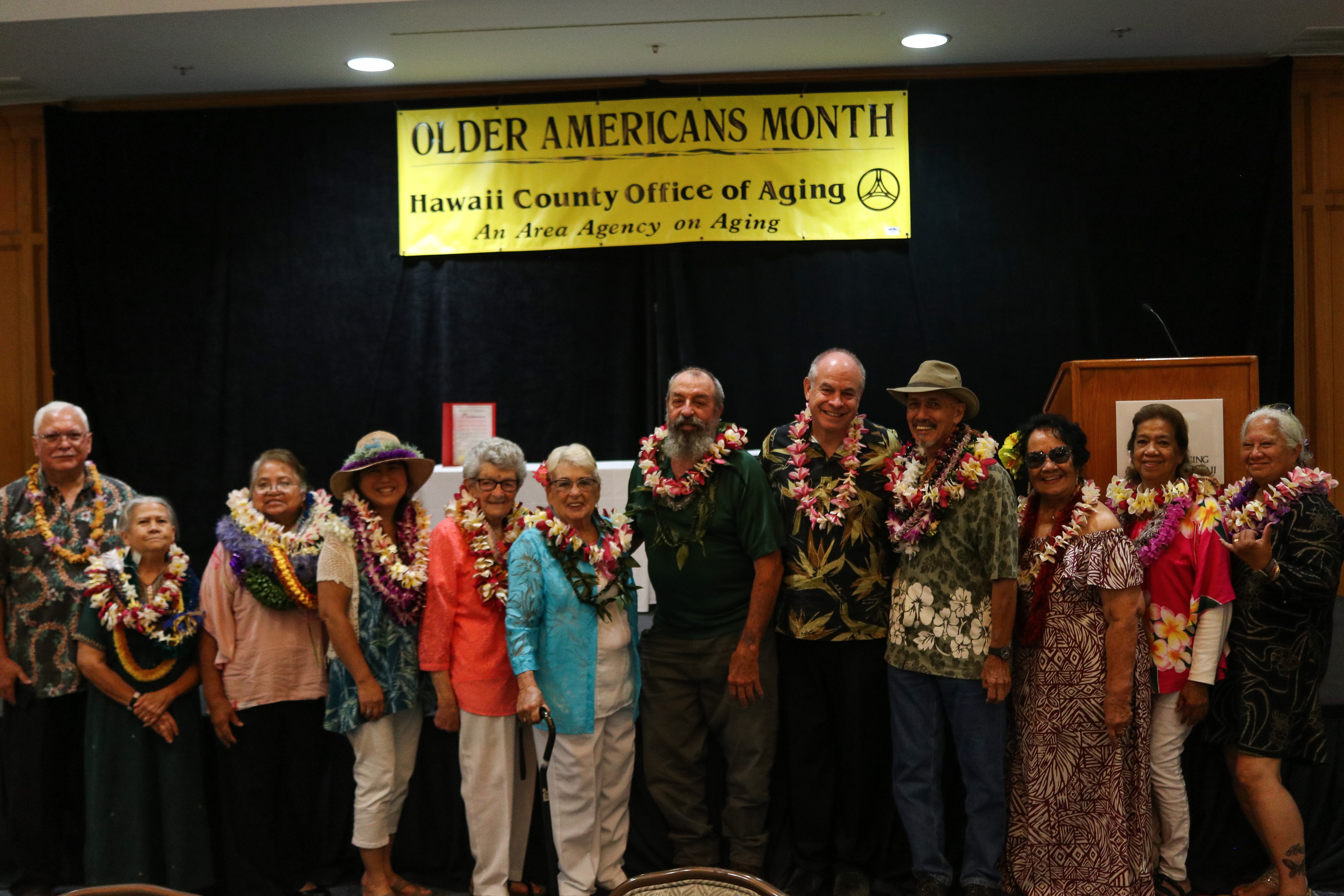 Nominee's left to right with Executive on Aging - William H. Farr and Hawai'i County Mayor Mitch Roth<br />William H. Farr, Bridgett Pittman, Fely Villegas, Mahealani Yong Snell, Dorothy Hafner, Lucy Rogge, Carl Ferrin, Mayor Mitch Roth, Albert Pacheco Jr., Charlotte Almarz, Linda Whang, Lovette White-Kuamo'o
