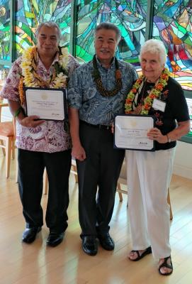 Hawaii County Senior Representative Tony Ancheta and Doris Davis with Governor Ige at Statewide Luncheon.