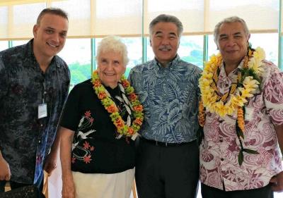 Hawaii County Executive on Aging Kimo Alameda, Doris Davis, Governor Ige, and Tony Ancheta at Statewide Luncheon.